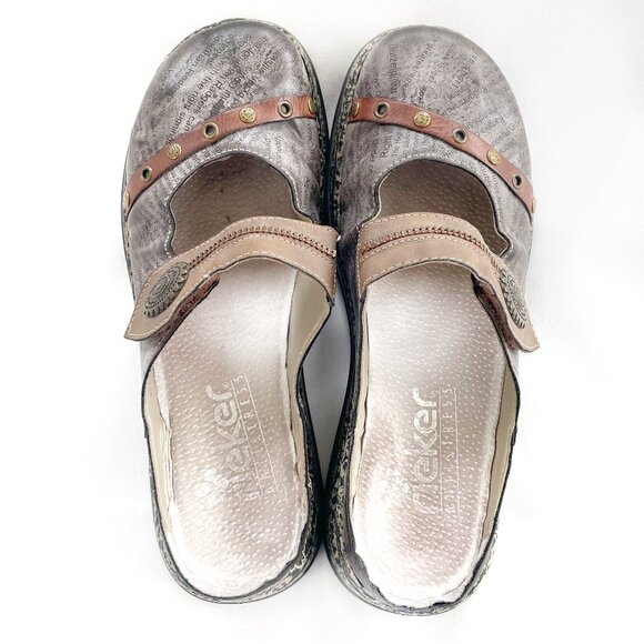 SOLD  Rieker 7 Antistress 38 Gray Leather Mary Jane Newspaper Slides Slip Ons - Picture 7 of 13